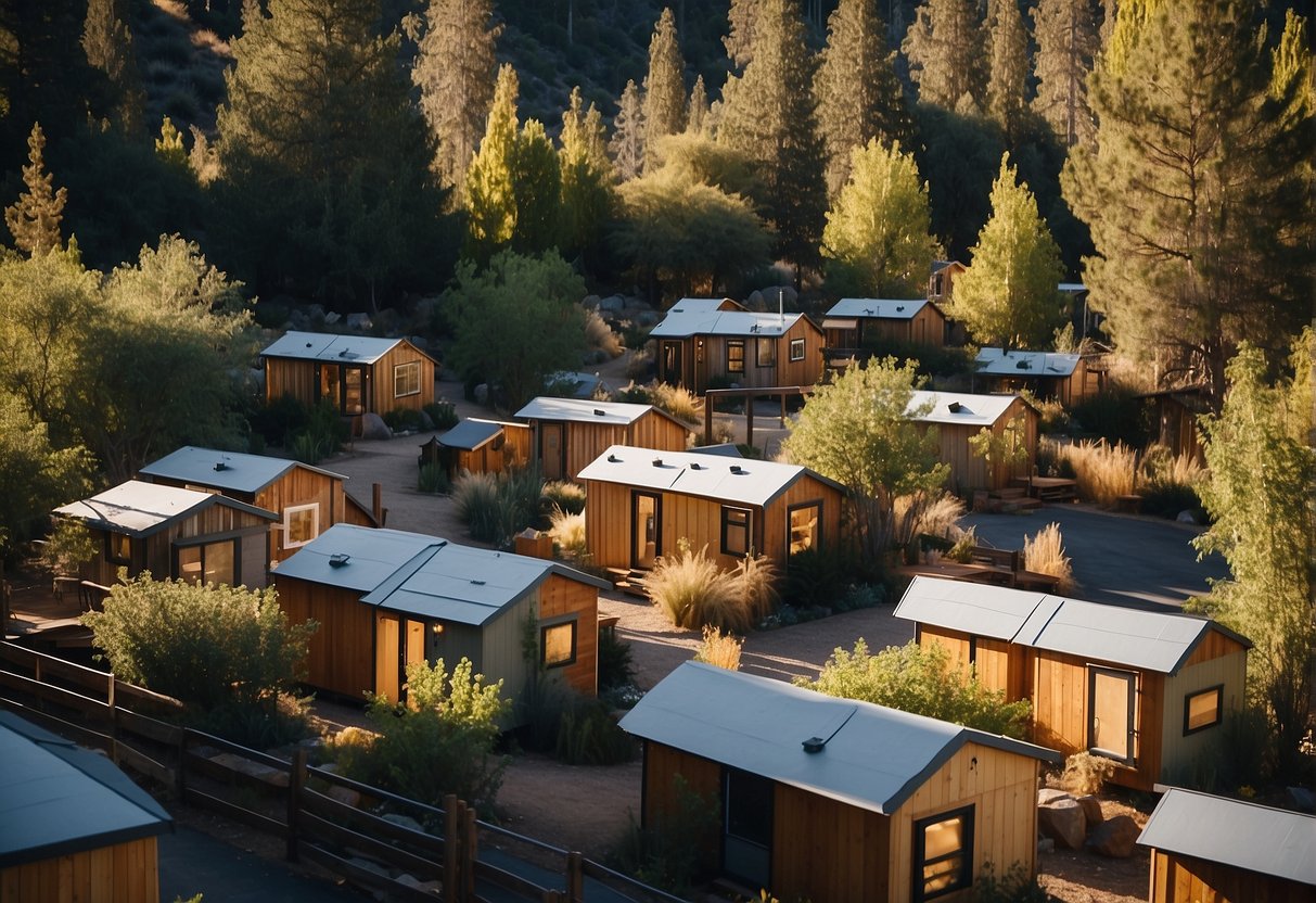 A cluster of tiny homes nestled among trees in a California community, with a central gathering area and small pathways connecting the dwellings