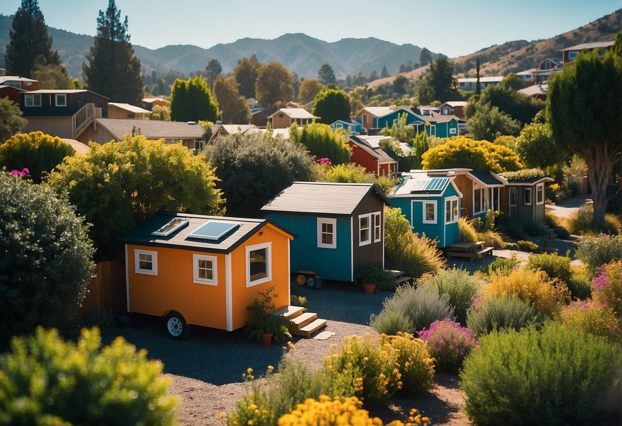 A cluster of colorful tiny homes nestled among lush greenery in a California community