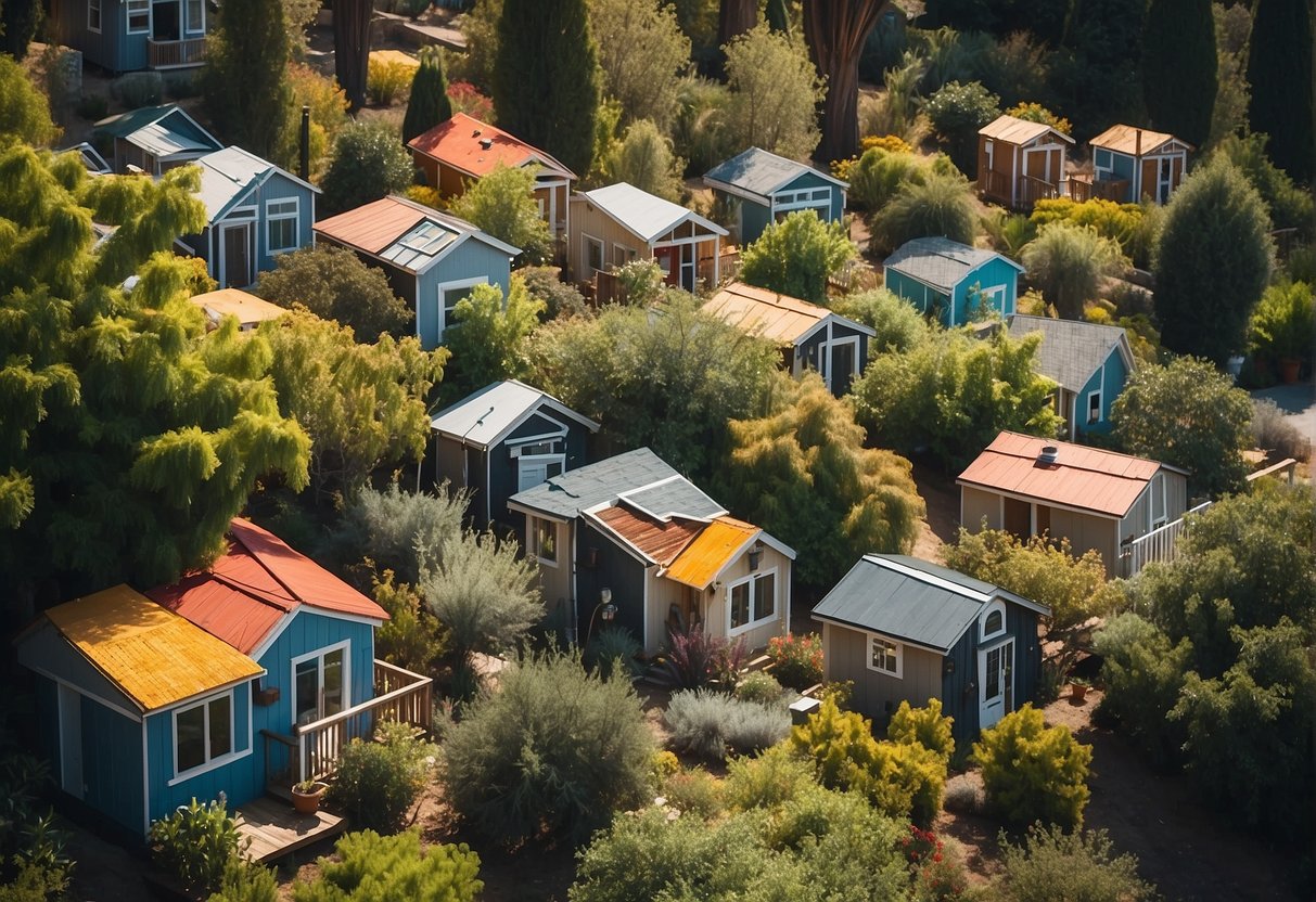 A cluster of colorful tiny homes nestled among lush green trees in a sunny California community