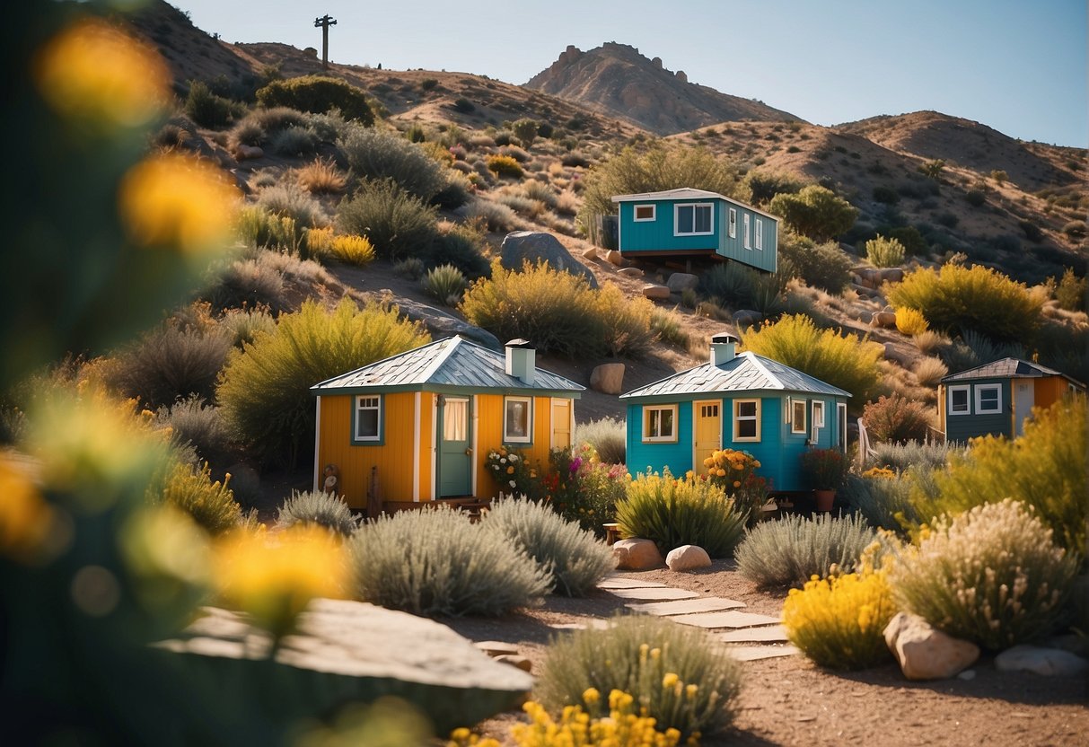 A cluster of colorful tiny homes nestled among lush California landscape, with communal spaces and residents engaged in various activities