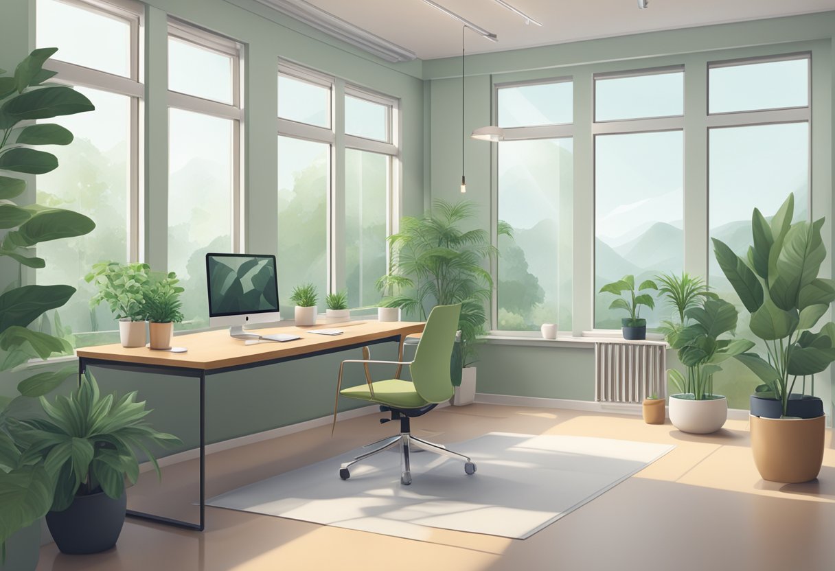 A serene office space with natural light, green plants, and open windows. Calming colors and minimalistic decor promote focus and relaxation
