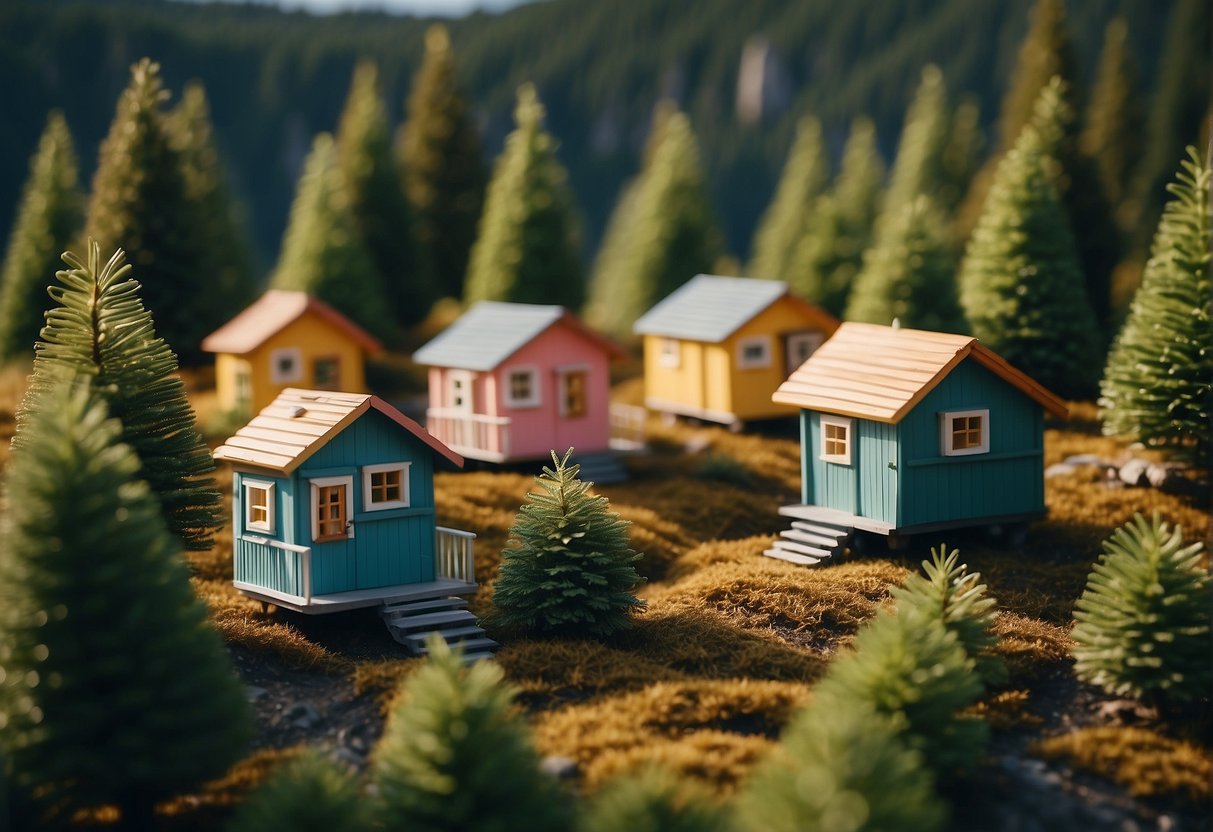 A cluster of colorful tiny homes nestled among tall pine trees in a serene Canadian landscape