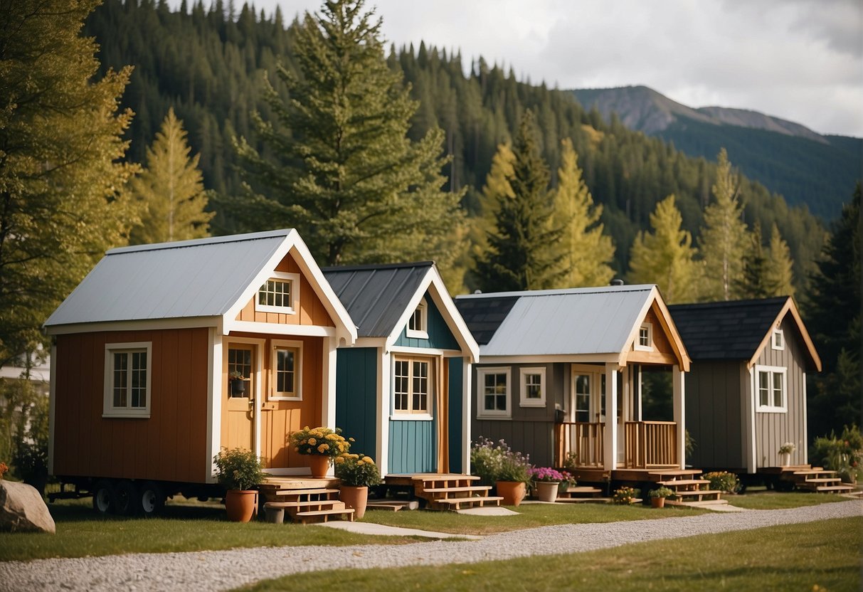 Several tiny homes nestled in a serene Canadian landscape, with communal spaces and gardens, showcasing a sense of community and sustainable living