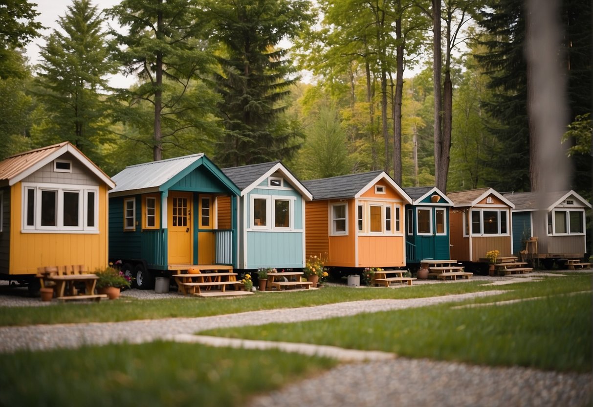 A row of colorful tiny homes nestled among trees in a quaint Canadian community, with a central gathering area and people enjoying the outdoors