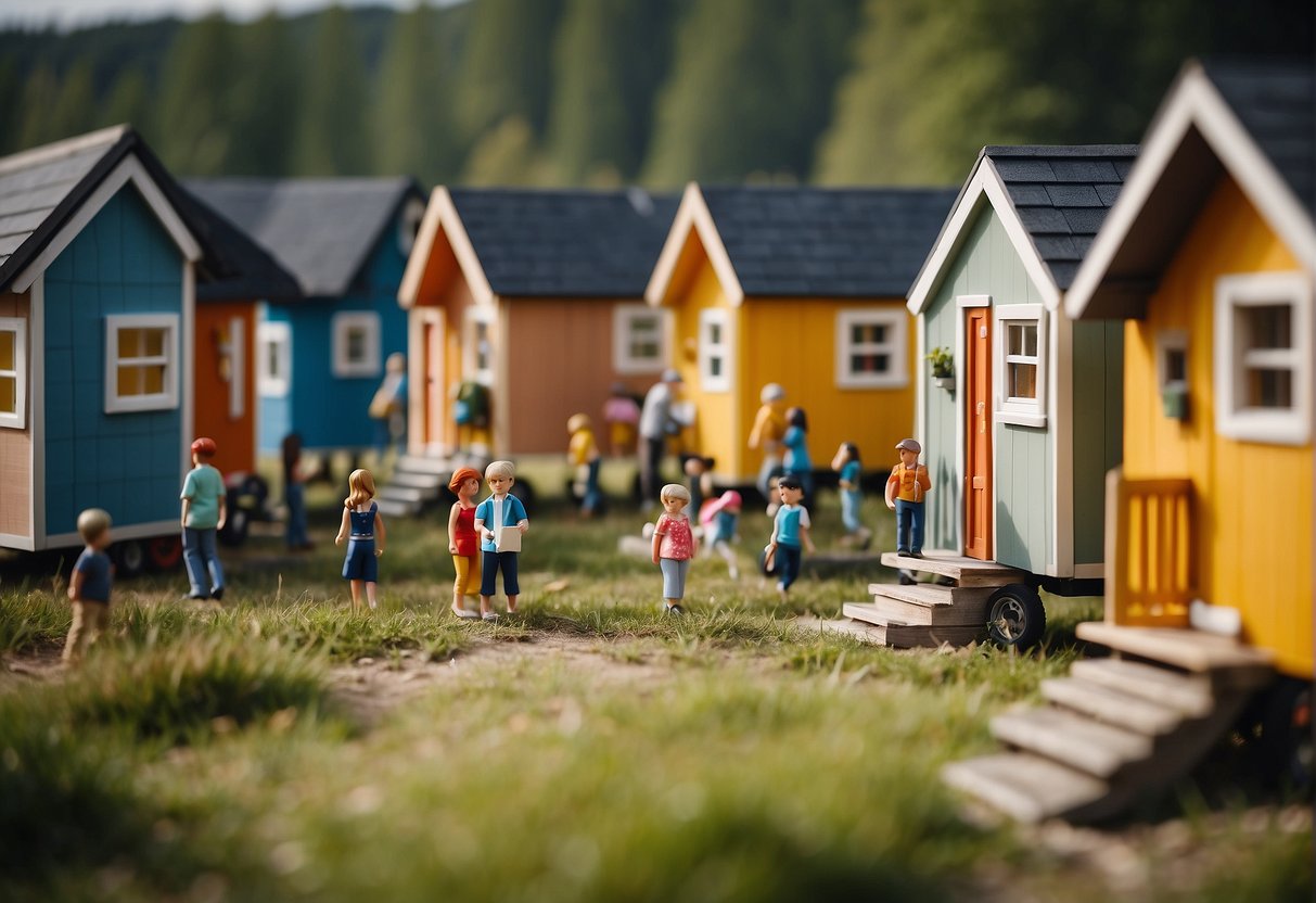 A row of colorful tiny homes nestled in a serene Canadian landscape, with a central community area and people socializing