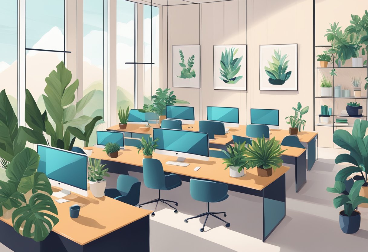 A serene office space with plants, natural light, and calming colors. Employees engage in mindful activities like deep breathing and journaling