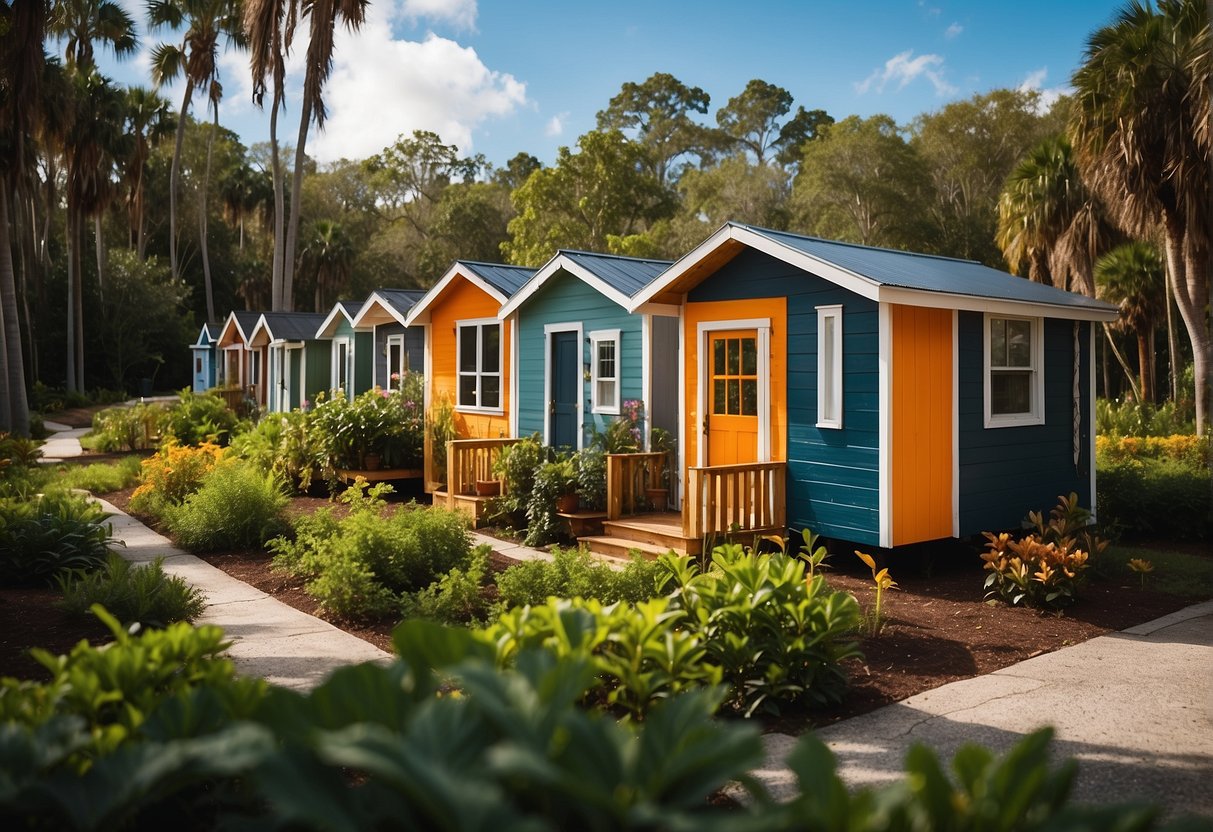 A cluster of colorful tiny homes nestled among lush greenery in a central Florida community, with communal spaces and a sense of close-knit living