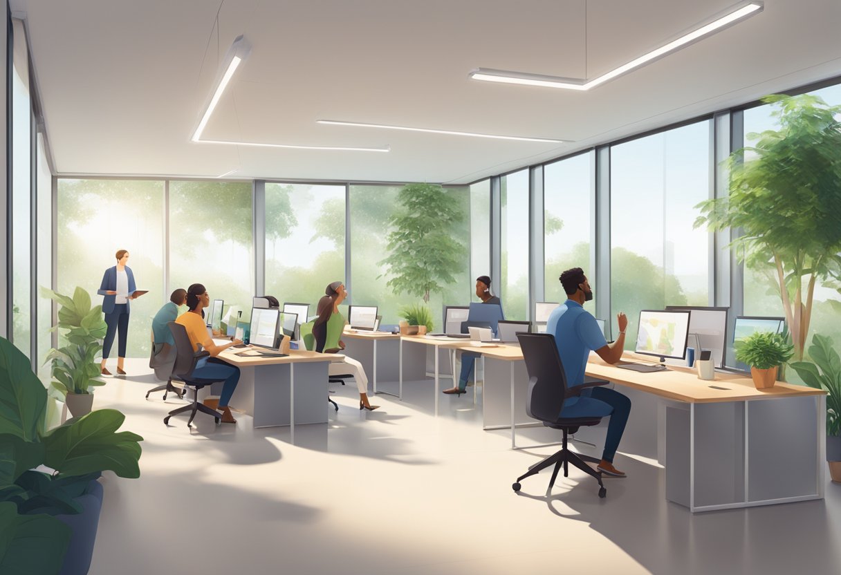 A tranquil office space with natural light and greenery, employees engaged in open and respectful dialogue, displaying empathy and active listening