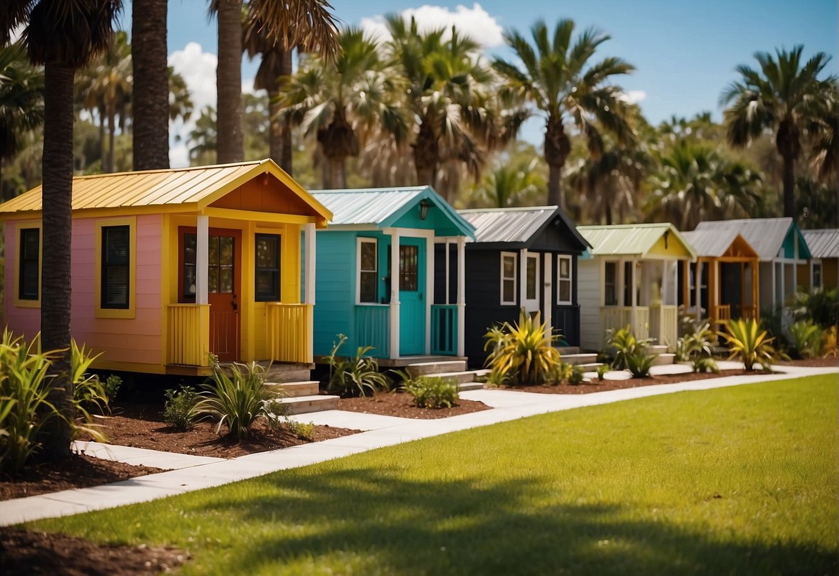 Colorful tiny homes nestled among palm trees in a central Florida community, with a vibrant community center and communal gardens