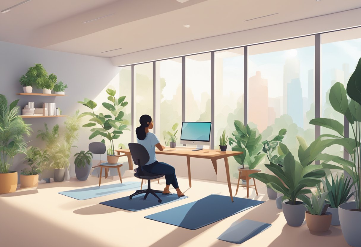 A serene office space with plants, natural light, and calming colors. Employees engage in mindfulness activities like yoga and meditation