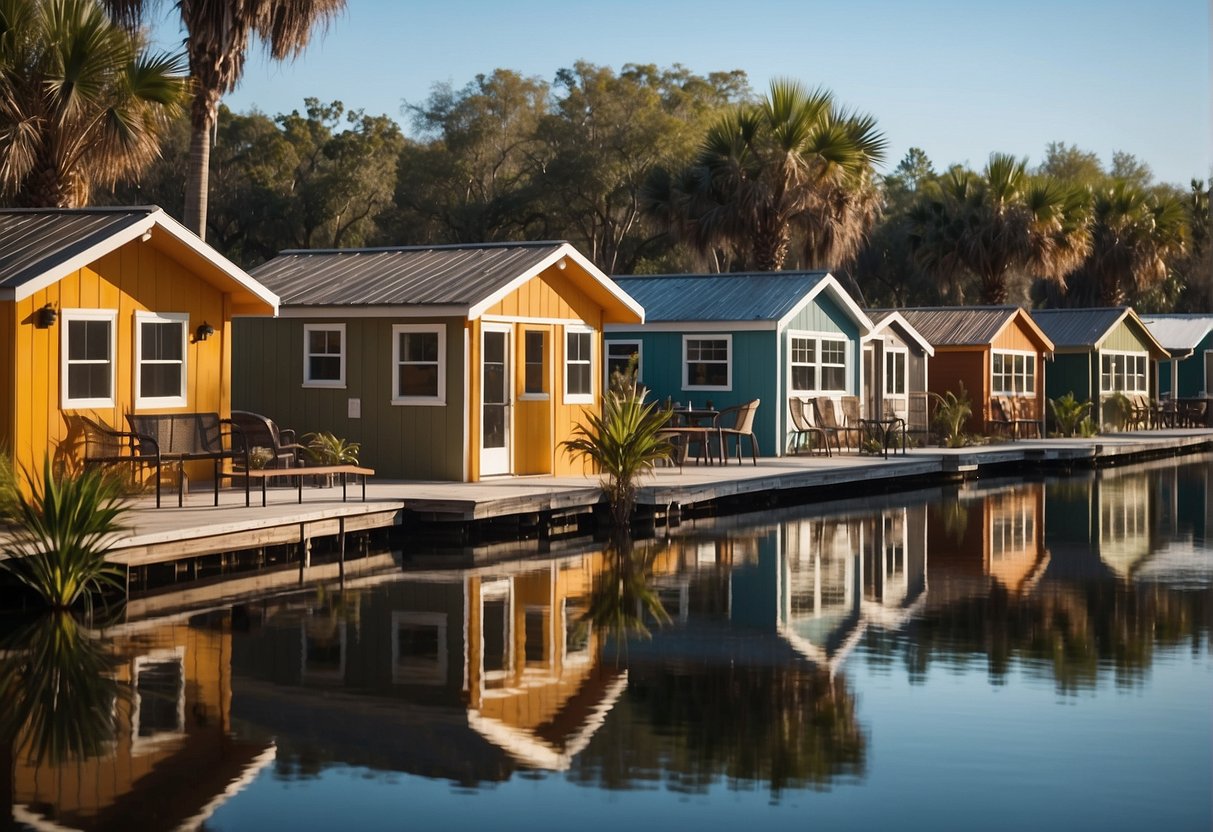 A vibrant community of tiny homes nestled among palm trees and sparkling lakes in central Florida. Amenities include a clubhouse, pool, and lush green spaces for outdoor activities