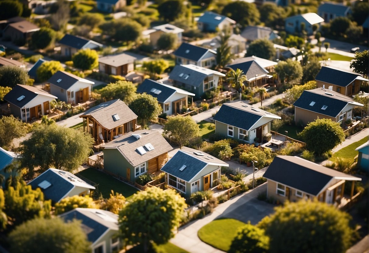 Aerial view of tiny homes clustered around a central green space, with walking paths and communal areas. Surrounding landscape includes palm trees and sunny skies
