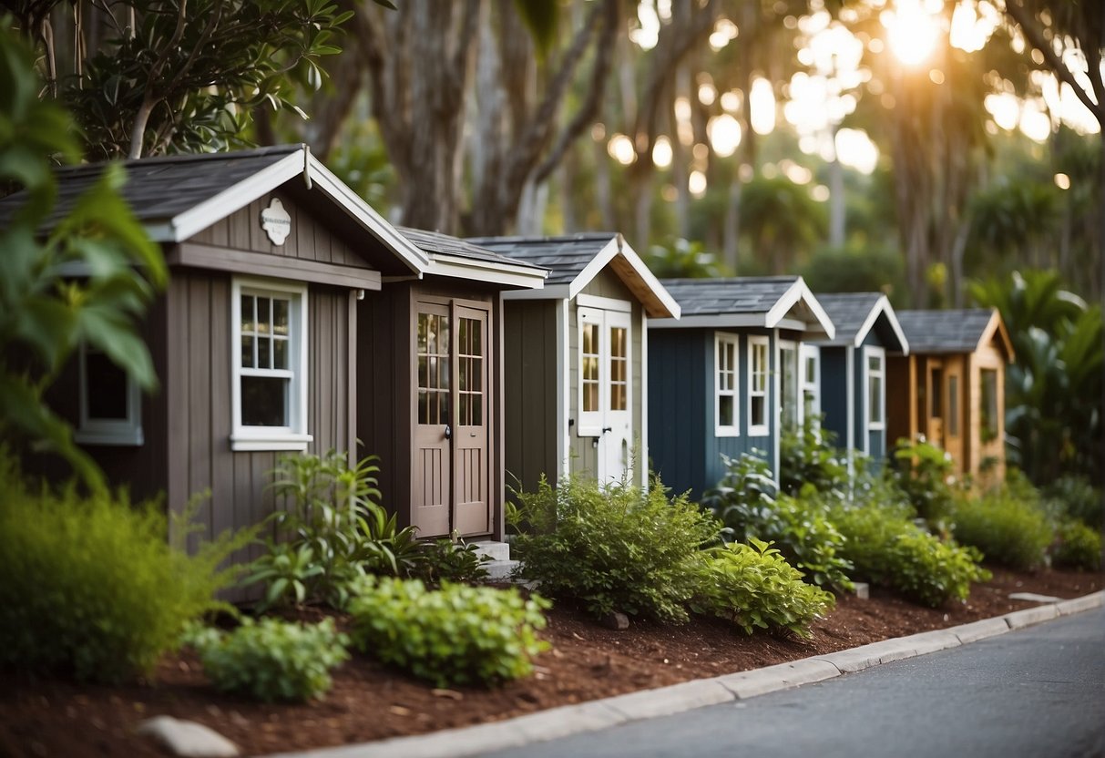 A cluster of tiny homes nestled among lush greenery in a tranquil central Florida community. A small sign reads "Frequently Asked Questions" at the entrance