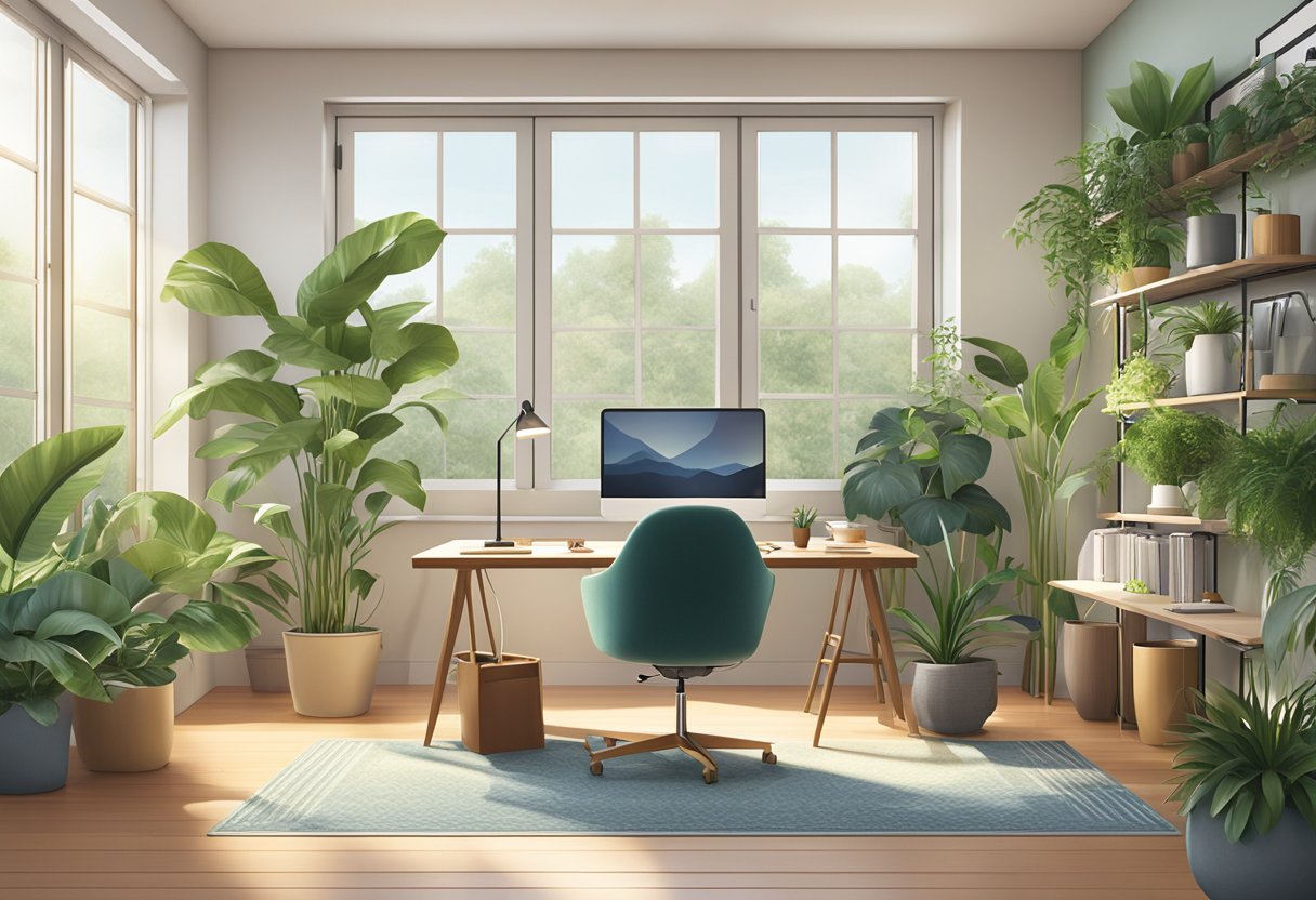 A serene office space with natural light, lush green plants, and calming colors. Employees engage in mindful activities like yoga or meditation, fostering a peaceful and balanced work environment