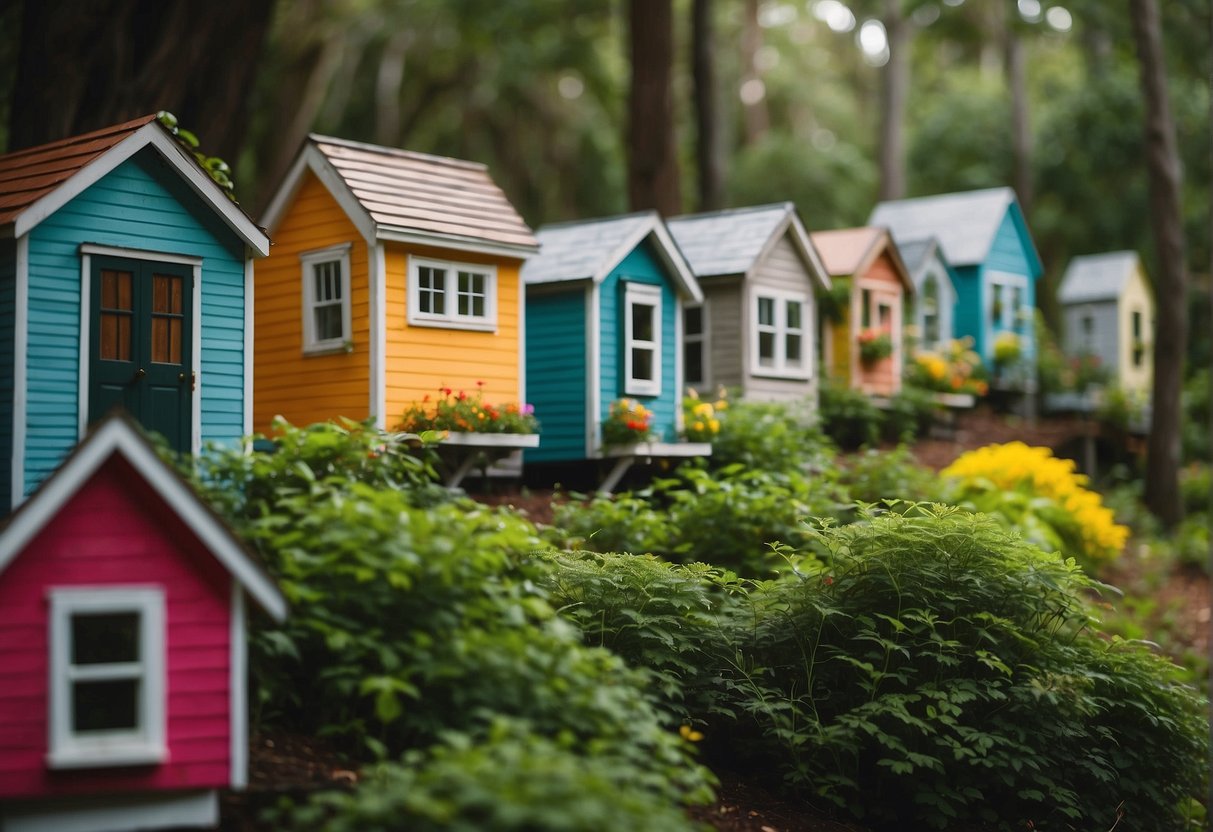A cluster of colorful tiny homes nestled among lush greenery in a Charleston, SC community