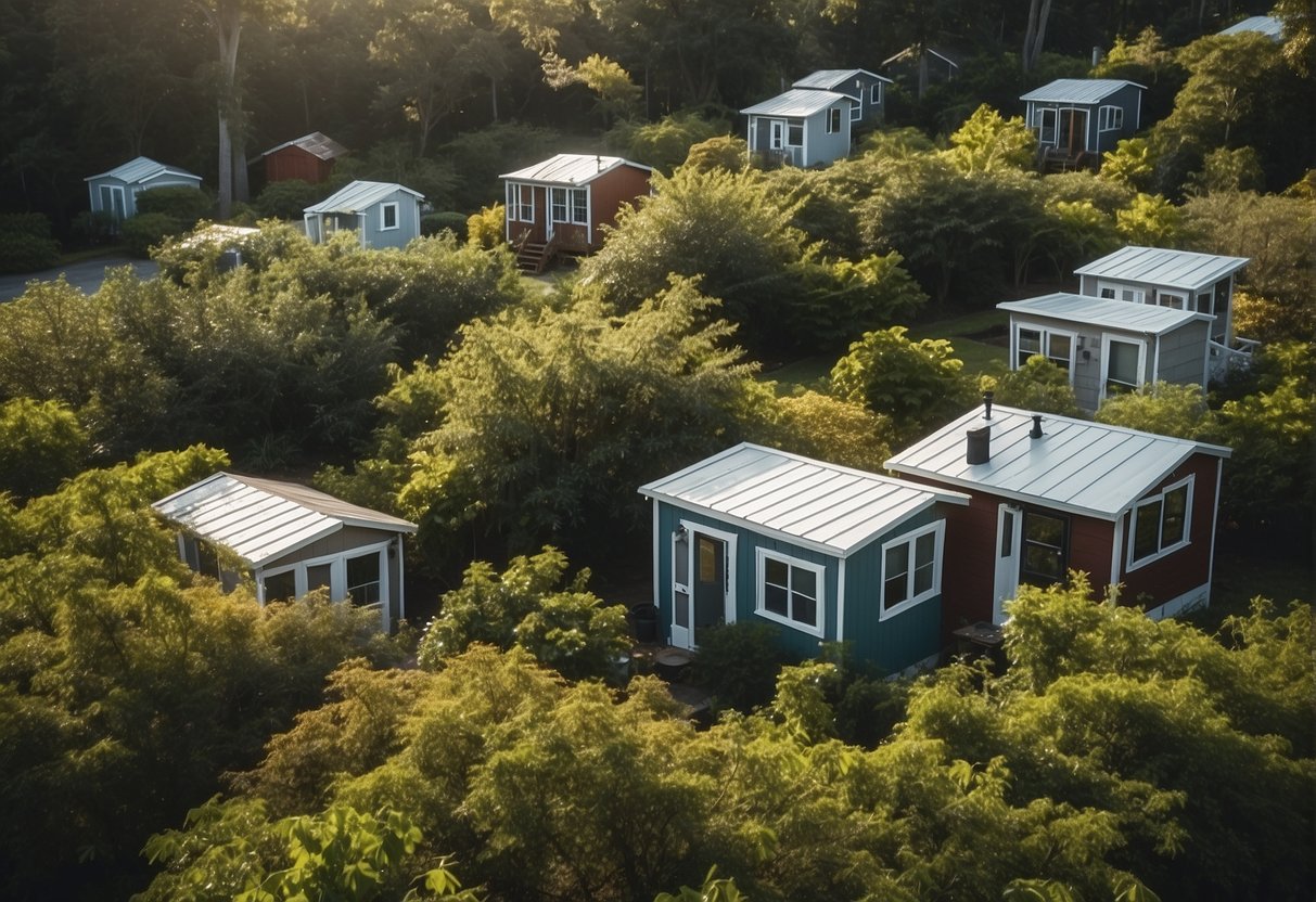 Aerial view of tiny homes nestled among lush greenery in a Charleston, SC community