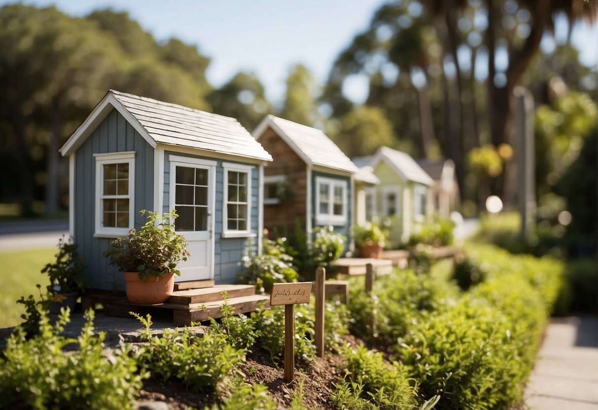 A sunny day in Charleston, South Carolina. A cluster of tiny homes surrounded by lush greenery, with a sign displaying the regulatory guidelines for tiny home communities in the state