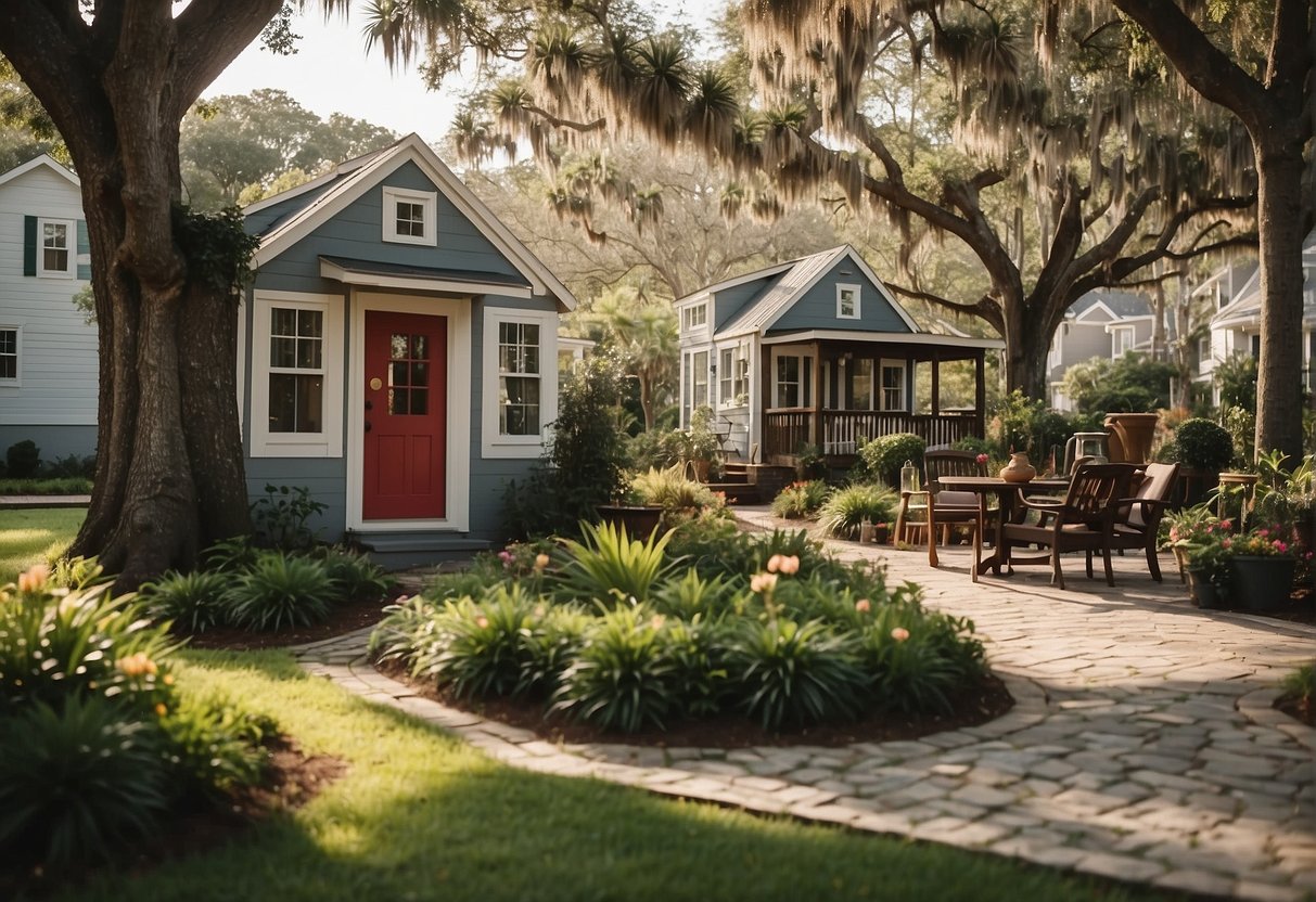 The tiny home community in Charleston, SC features cozy dwellings, communal gardens, and a central gathering area for residents to socialize and connect