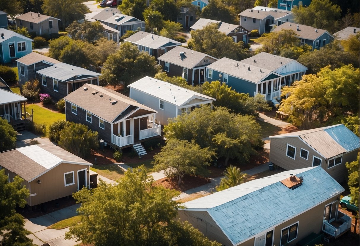 Aerial view of tiny homes clustered in a community in Charleston, SC. Various ownership and financing options are displayed on signs and banners throughout the neighborhood