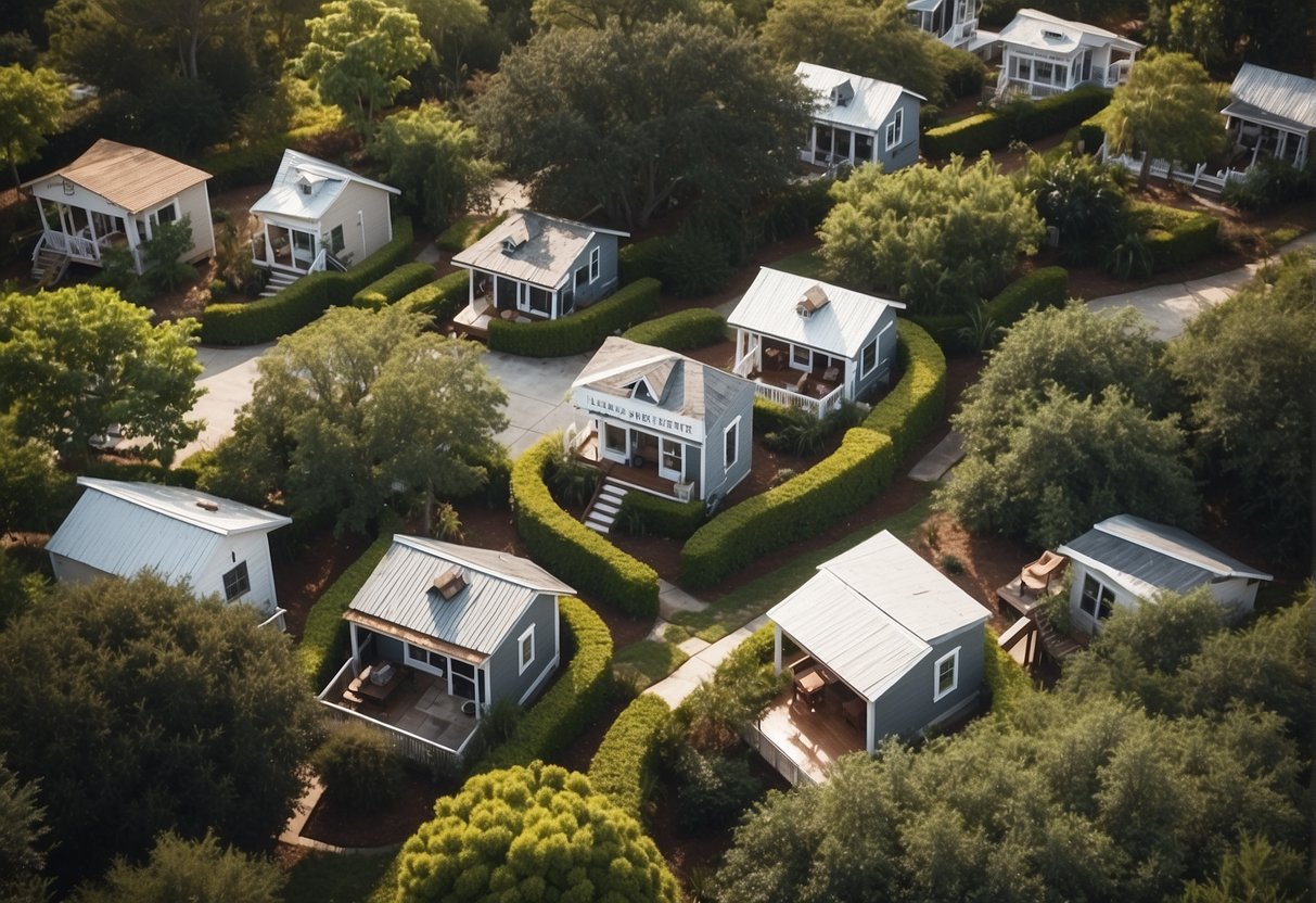 Aerial view of tiny homes clustered in a lush, coastal Charleston community, with winding pathways and communal spaces