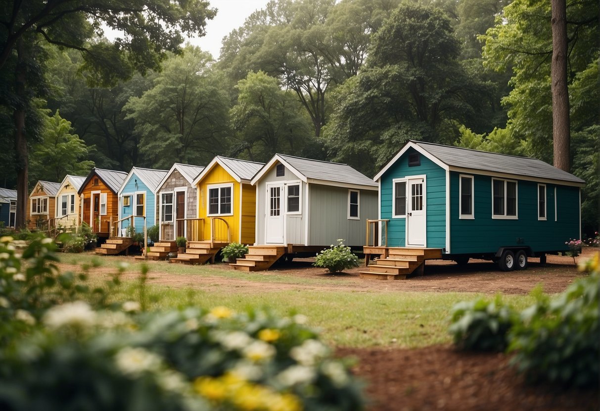 A cluster of colorful tiny homes nestled among lush green trees in a peaceful Charlotte, NC community