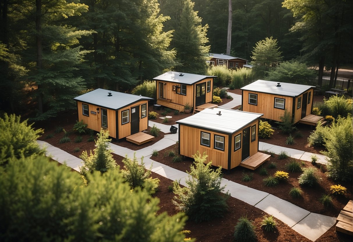 A cluster of tiny homes nestled among trees with a central gathering area and shared amenities in a Charlotte, NC community