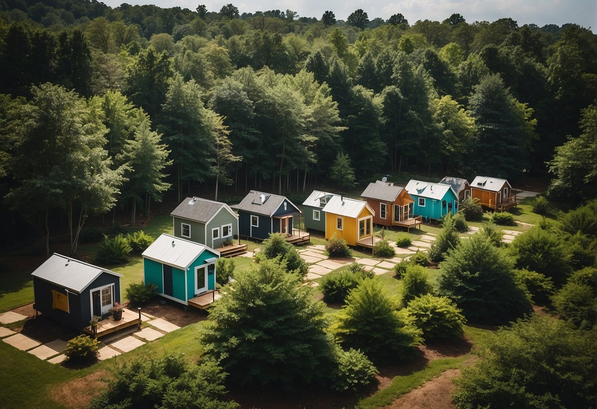A cluster of colorful tiny homes nestled among lush green trees in a peaceful community in Charlotte, NC