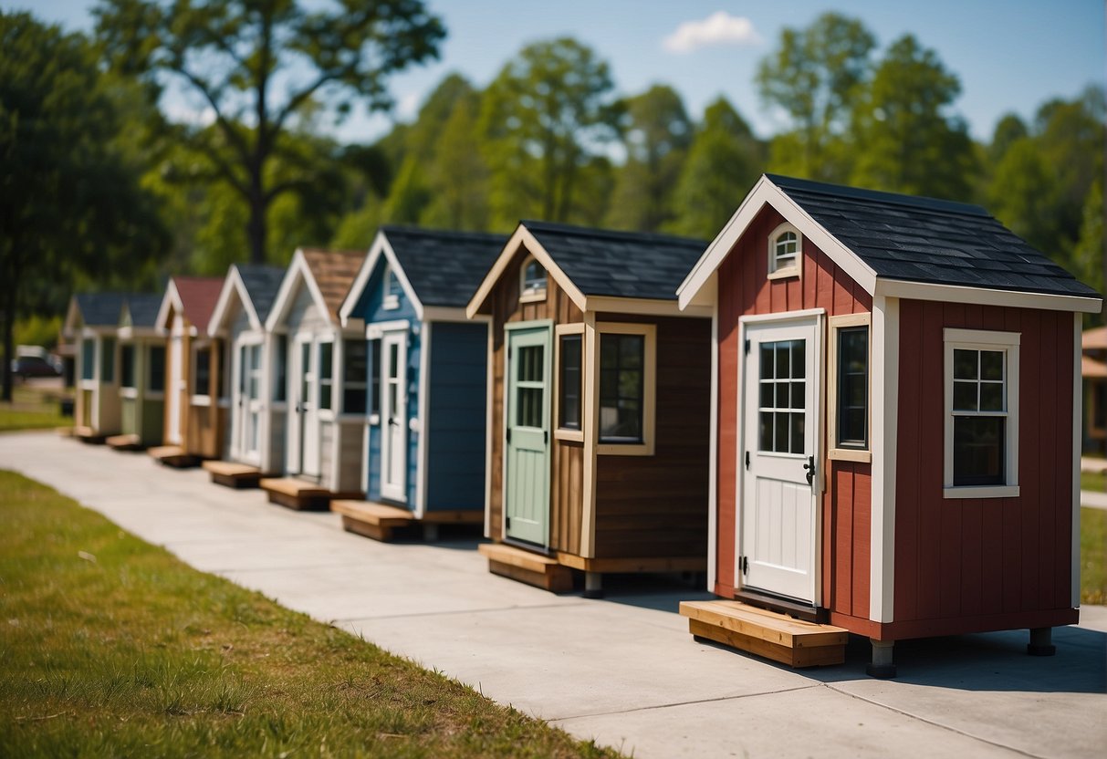 A row of tiny homes in a Charlotte, NC community, with signs displaying regulations and legal information