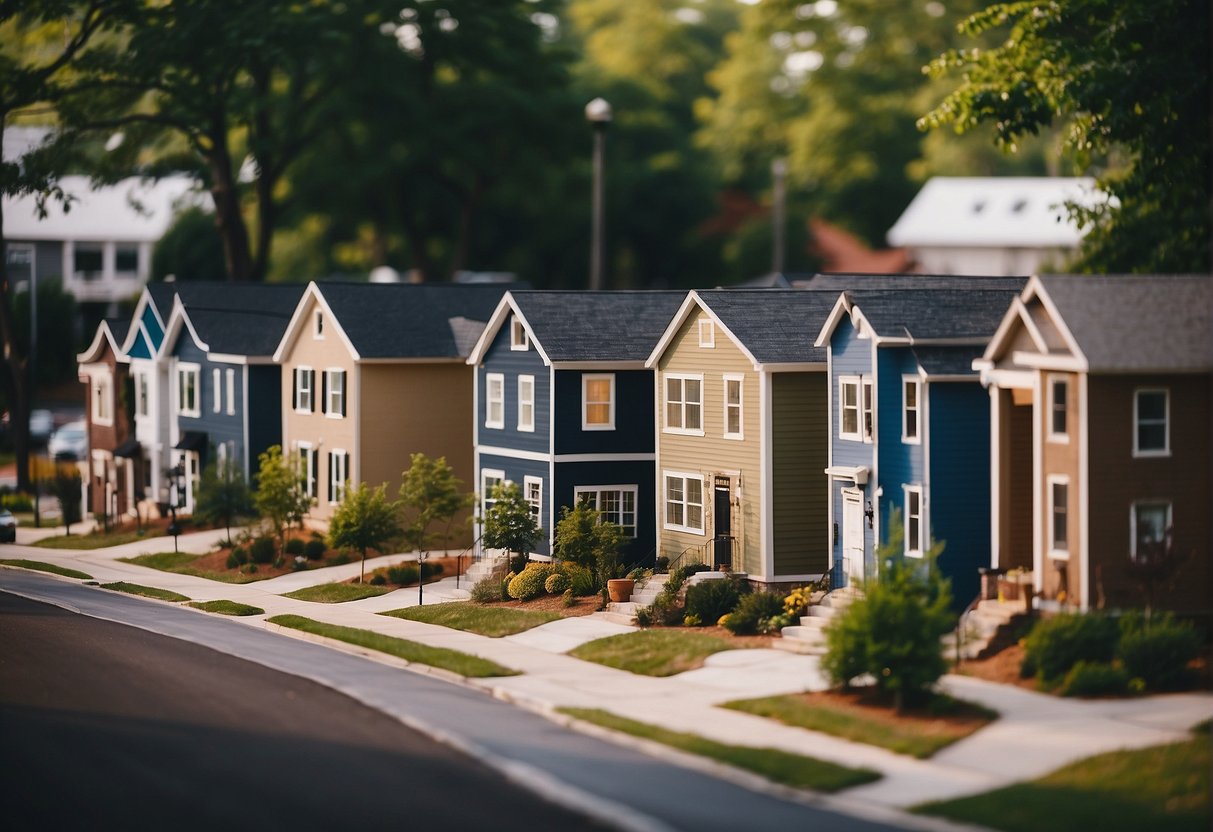 A bustling tiny home community in Charlotte, NC, with residents managing finances and discussing financial considerations