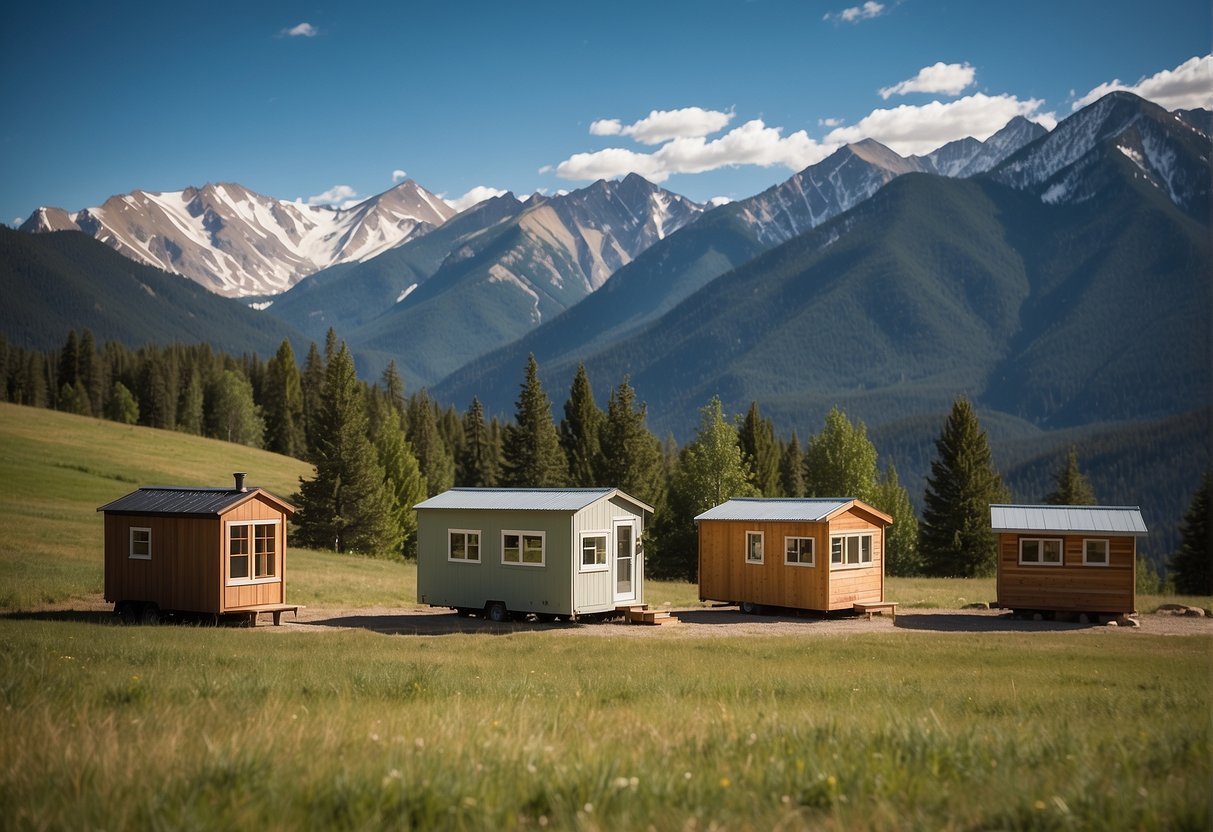 Tiny homes nestled in the picturesque Colorado mountains, surrounded by lush greenery and snow-capped peaks under a clear blue sky