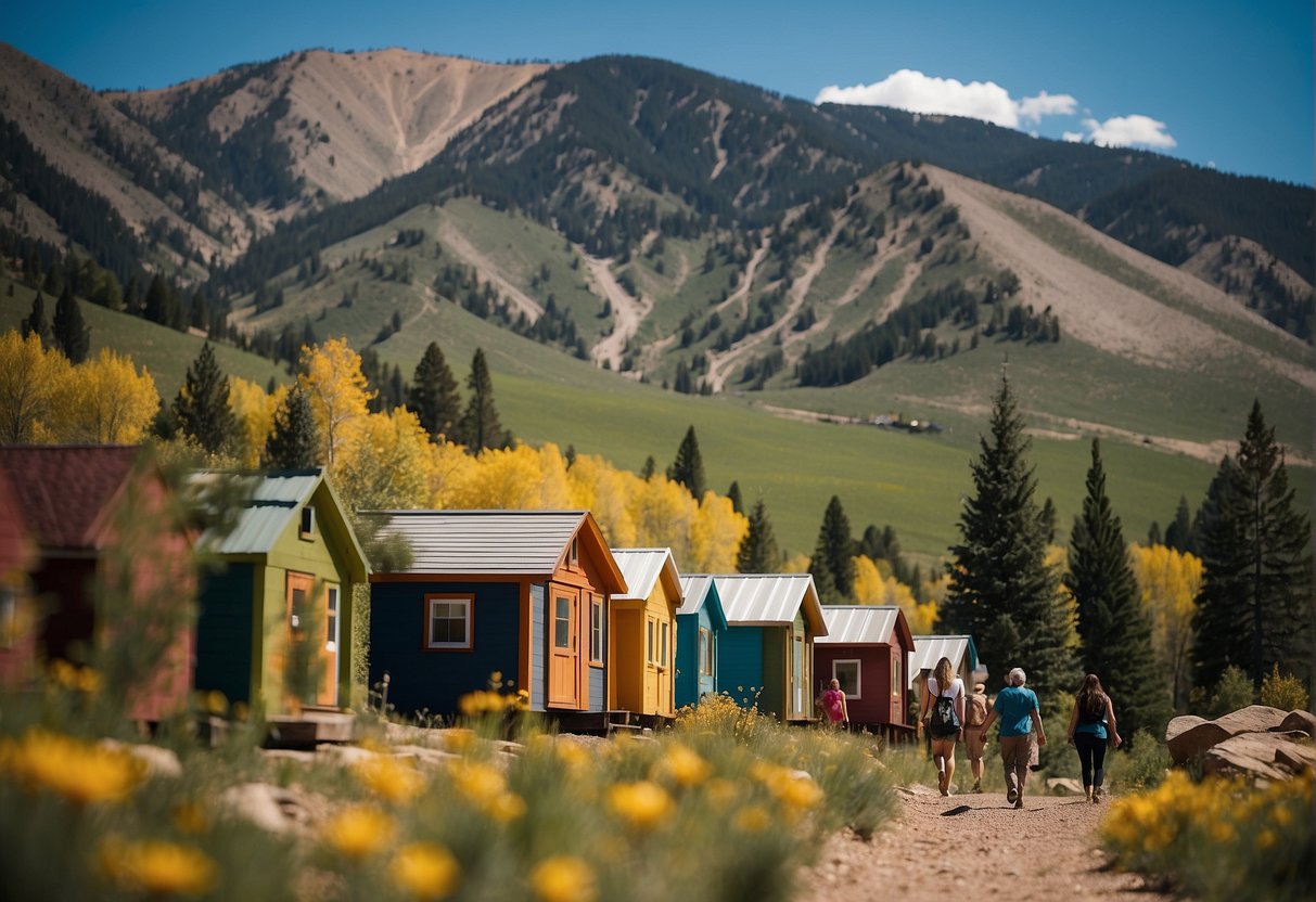People walk among colorful tiny homes nestled in the Colorado mountains. Trees and mountains surround the community, creating a serene and picturesque setting