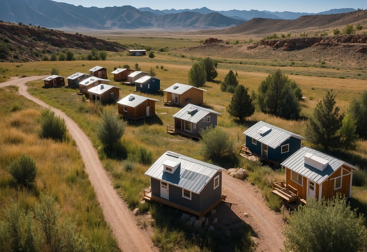 A group of tiny homes nestled in a picturesque Colorado landscape, with clear signage indicating zoning regulations for the community
