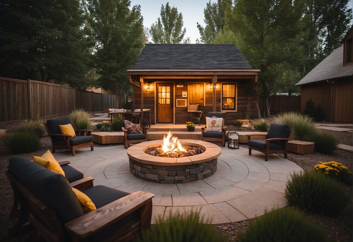 The tiny home community in Colorado features shared amenities like a communal garden, outdoor seating area, and a central gathering space with a fire pit