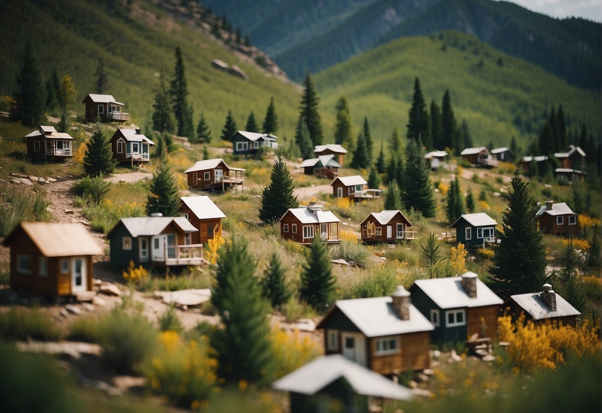 A scenic landscape with tiny homes nestled among the Colorado mountains, surrounded by hiking trails, communal gardens, and outdoor recreational areas