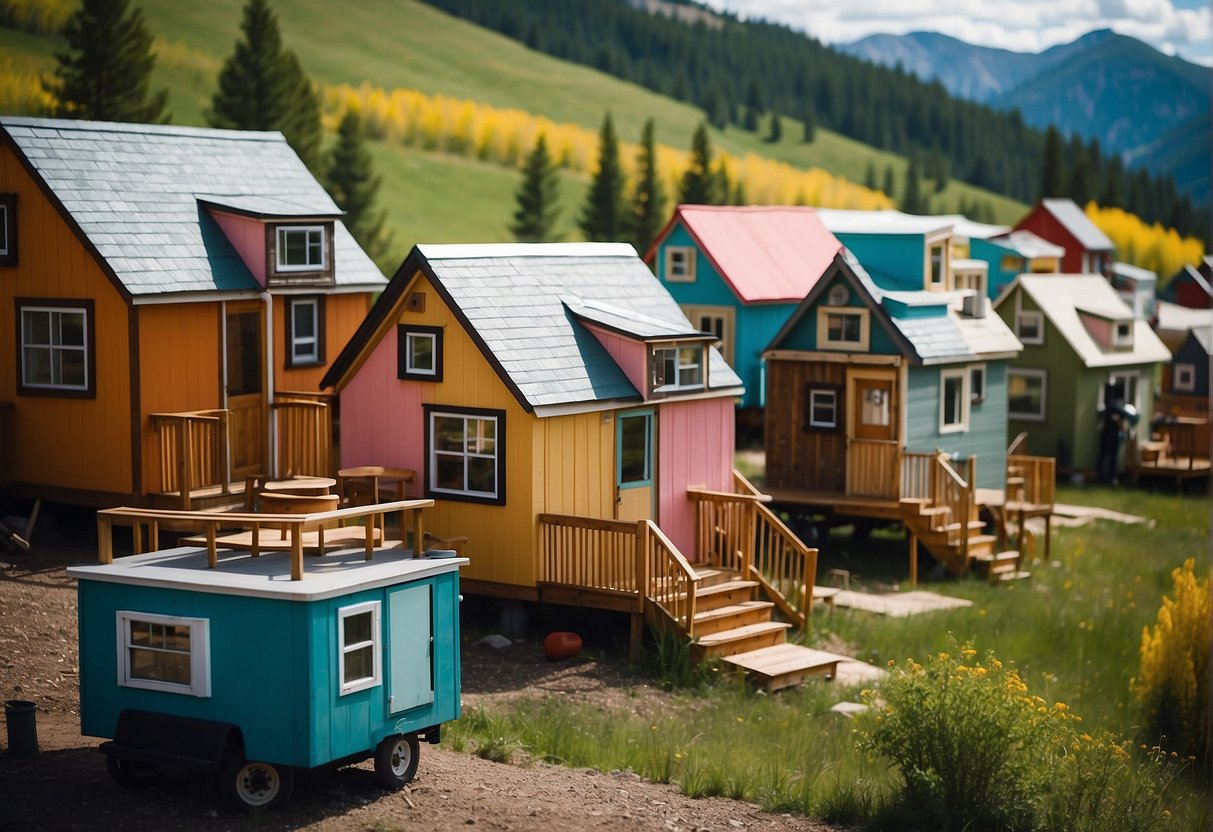 A cluster of colorful tiny homes nestled among the picturesque mountains of Colorado, with communal spaces and people engaging in various activities