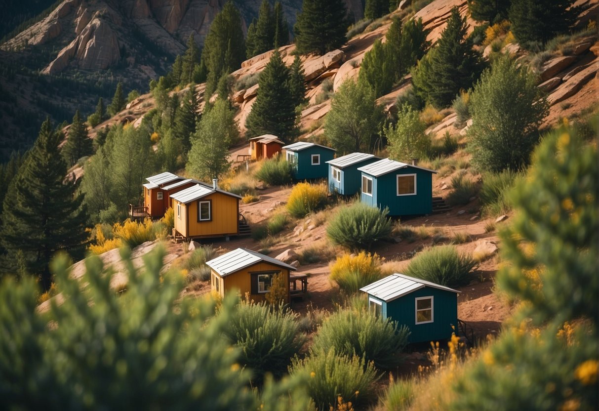 A cluster of colorful tiny homes nestled in the scenic mountains of Colorado Springs, surrounded by lush greenery and winding trails