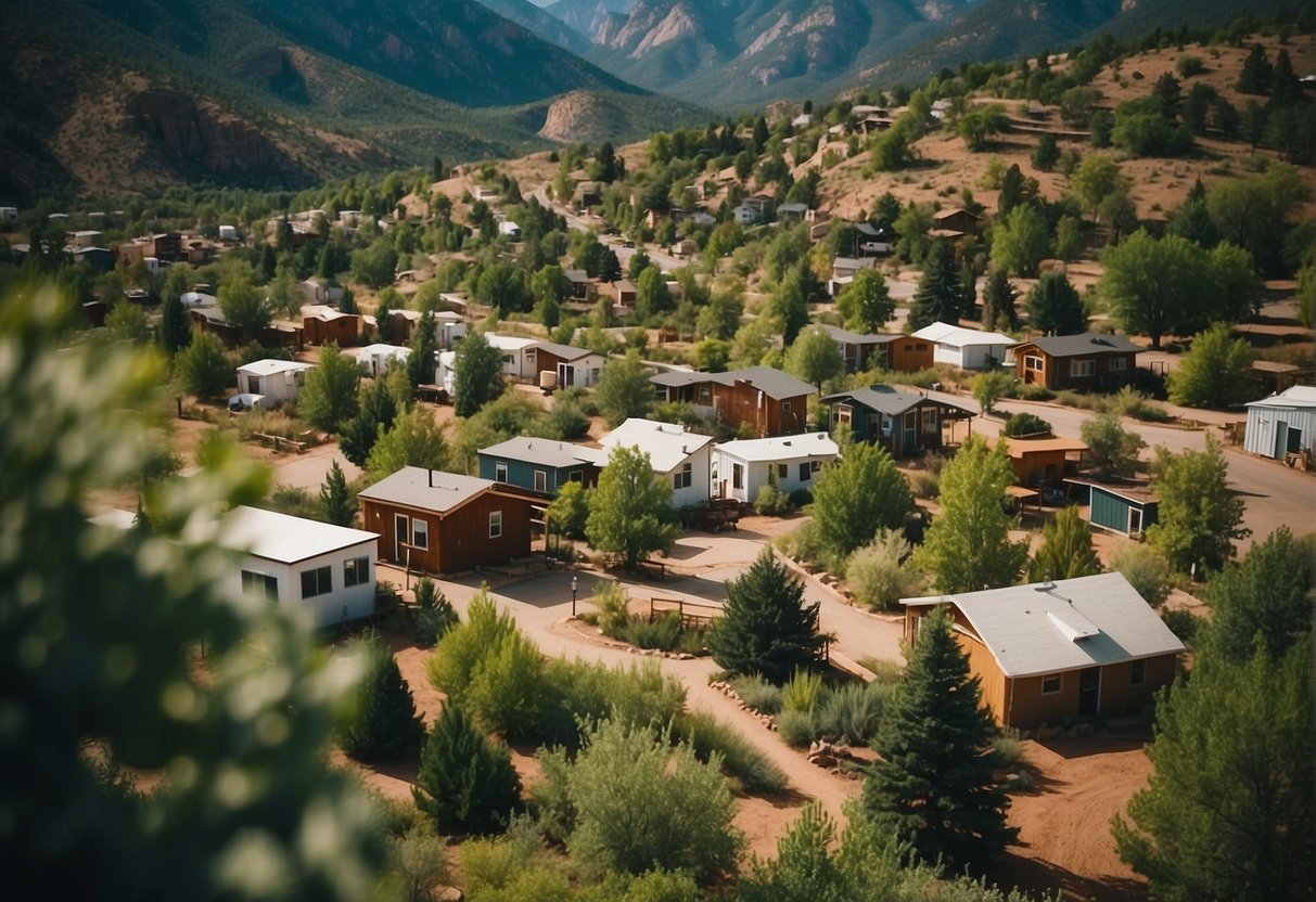 Aerial view of Colorado Springs tiny home community with lush greenery, communal spaces, and cozy dwellings nestled among the mountains