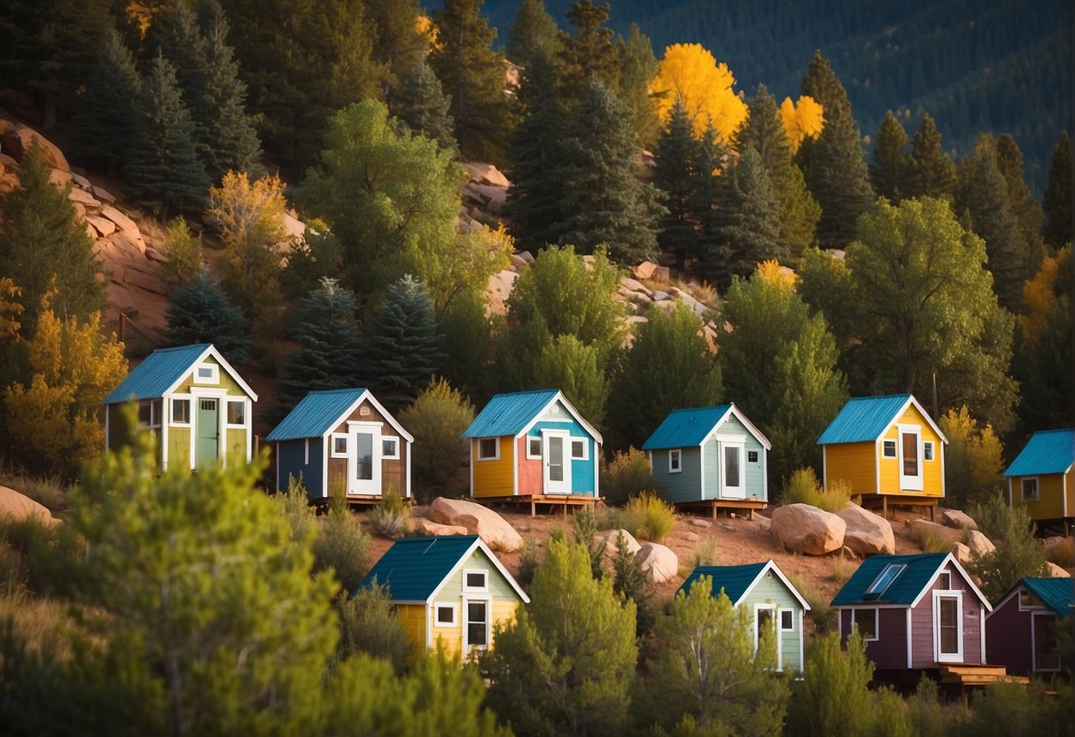 A cluster of colorful tiny homes nestled against the backdrop of the Rocky Mountains in Colorado Springs, showcasing a sense of community and sustainable living
