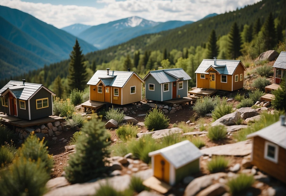 A cluster of tiny homes nestled in the Colorado Springs mountains, surrounded by lush greenery and snow-capped peaks, with residents engaging in communal activities