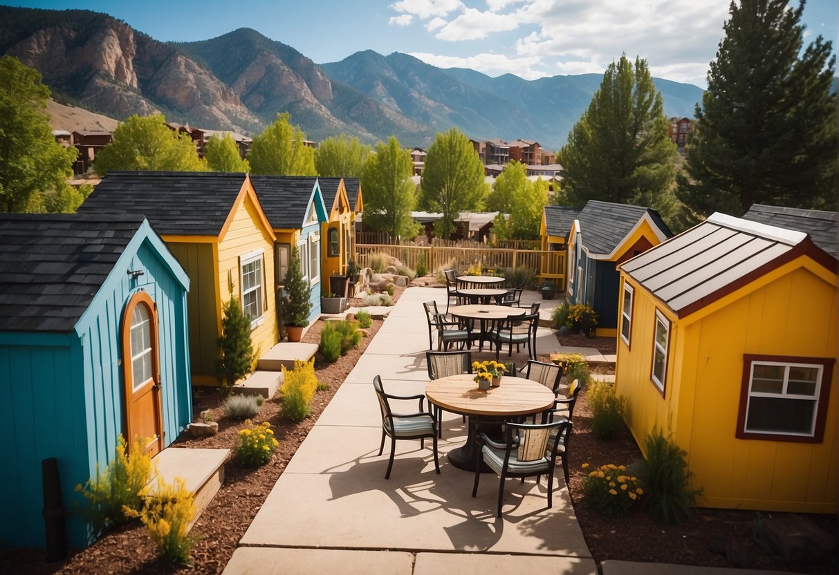 A vibrant tiny home community in Colorado Springs, with lush greenery, communal gathering areas, playgrounds, and a backdrop of the Rocky Mountains