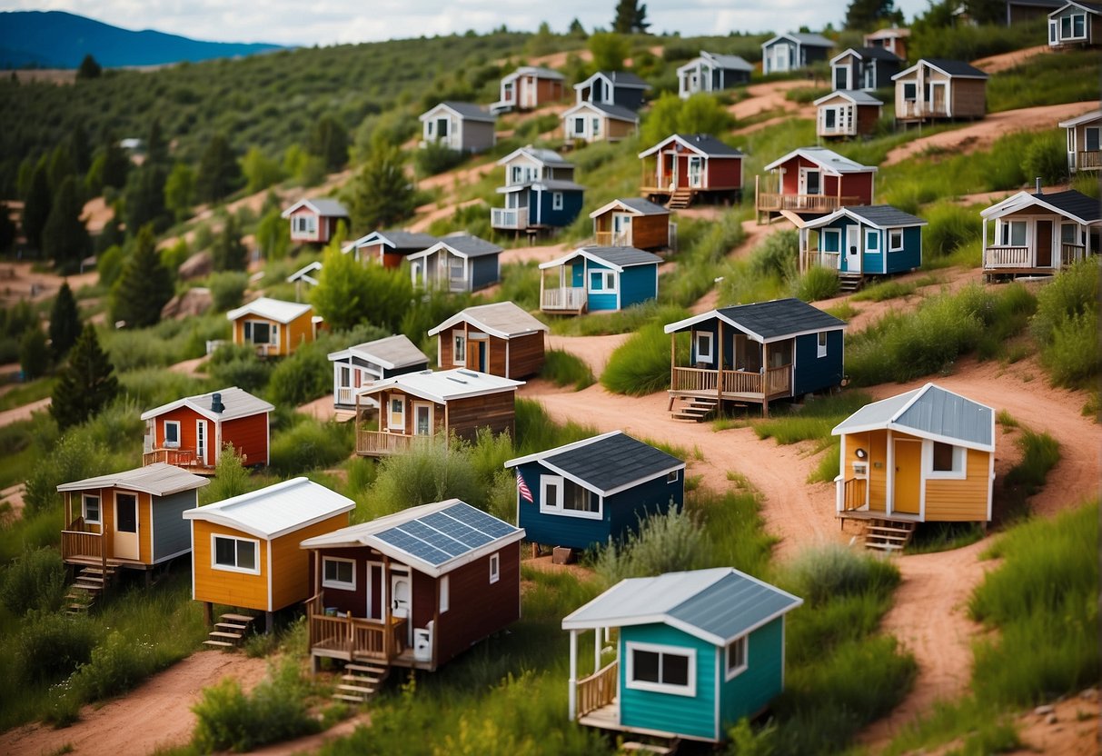 A cluster of colorful tiny homes nestled among the rolling hills of Colorado Springs, with communal spaces and winding pathways connecting the vibrant community