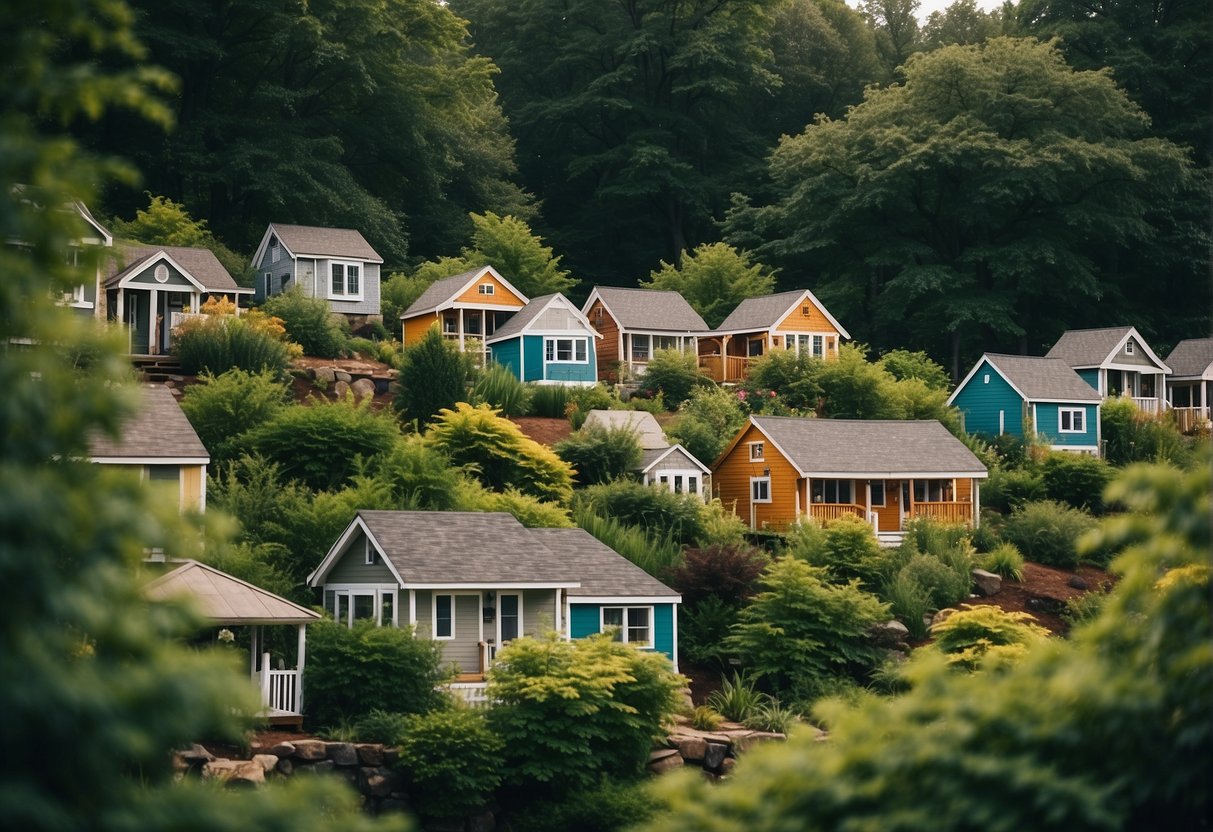 A cluster of colorful tiny homes nestled among lush green trees in a peaceful Connecticut community