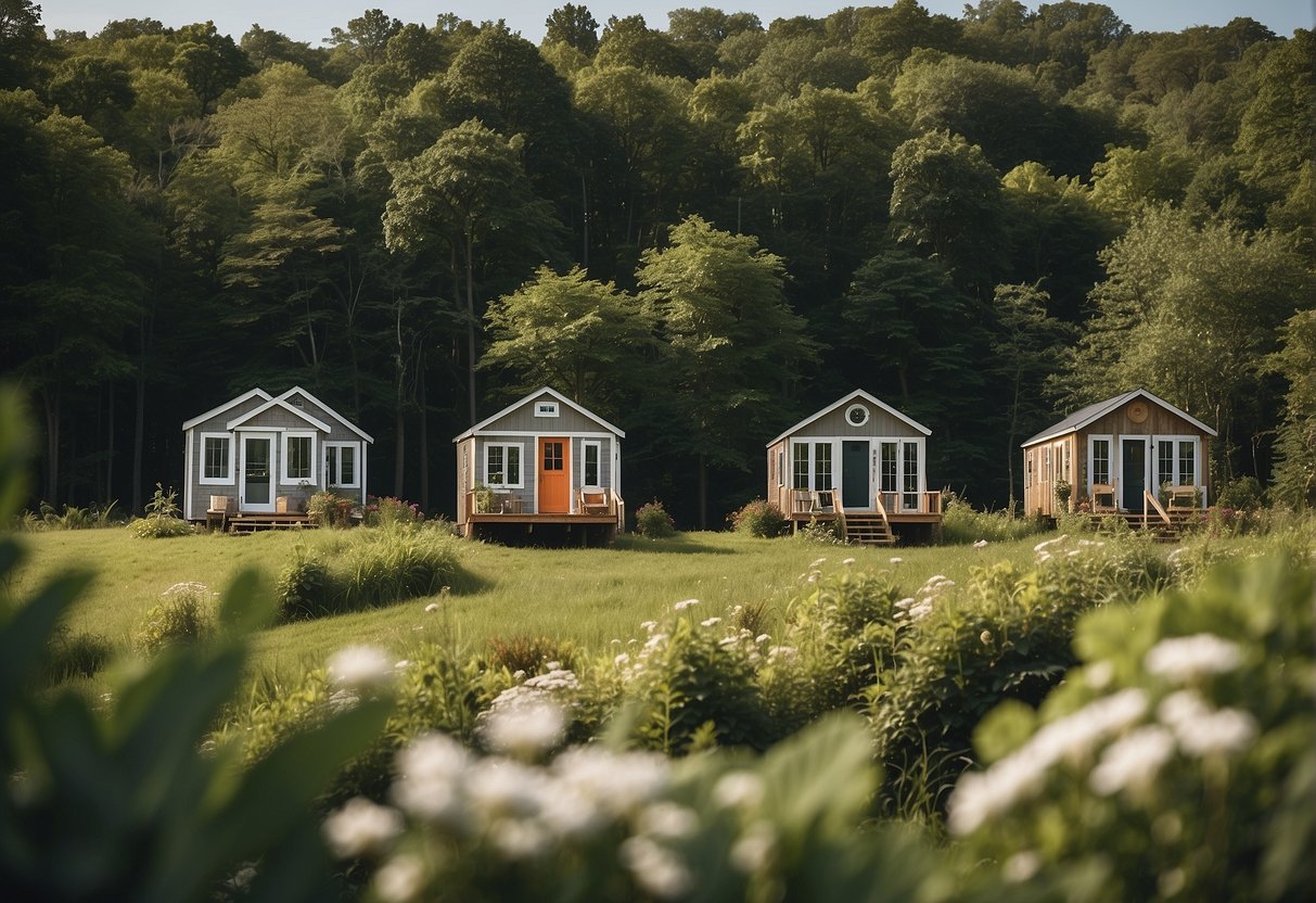 A cluster of tiny homes nestled in a serene Connecticut landscape, surrounded by lush greenery and peaceful surroundings