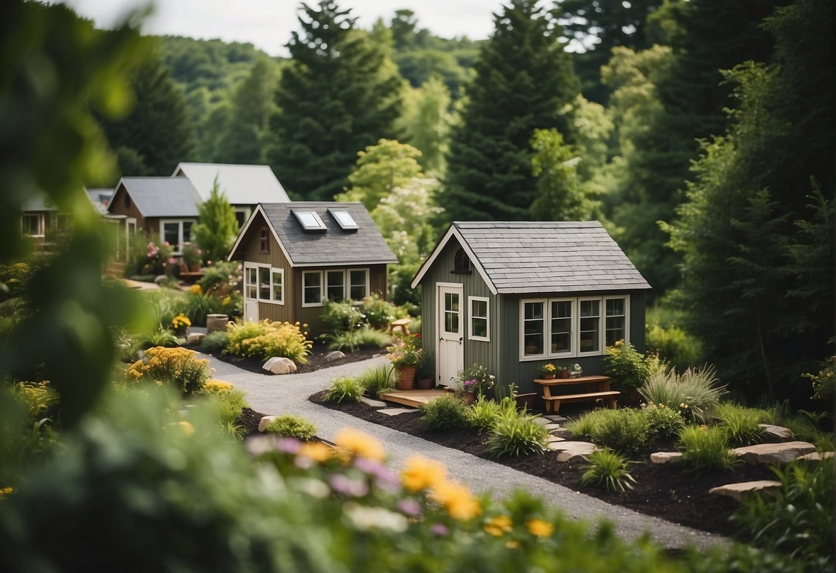 A cluster of tiny homes nestled in a lush Connecticut landscape, with communal gardens and a central gathering area for residents