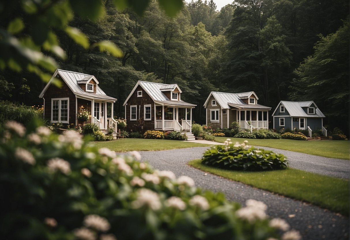 A group of tiny homes nestled in a picturesque Connecticut community, surrounded by lush greenery and quaint pathways