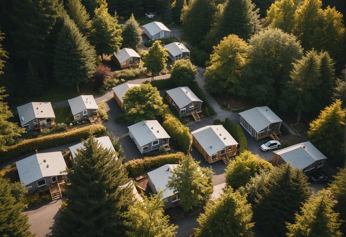 Aerial view of tiny homes nestled among trees in a Connecticut community. Pathways and communal spaces connect the compact dwellings