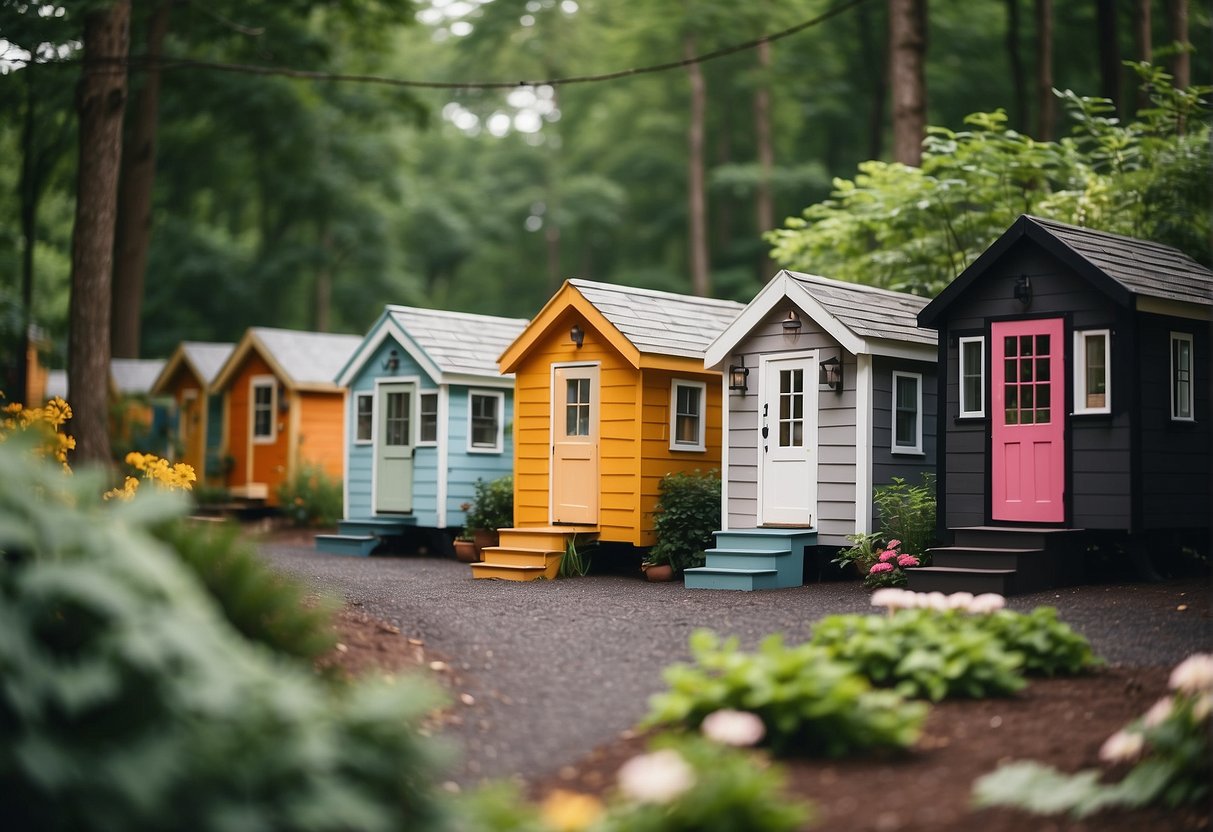 A cluster of colorful tiny homes nestled among lush trees and winding pathways in a serene Connecticut community
