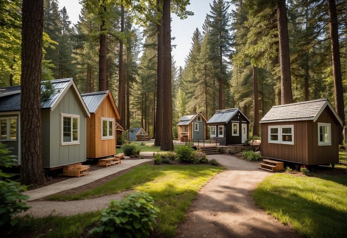 A group of tiny homes nestled in a wooded area, with a central communal space and small gardens. A sign at the entrance displays the community rules and regulations