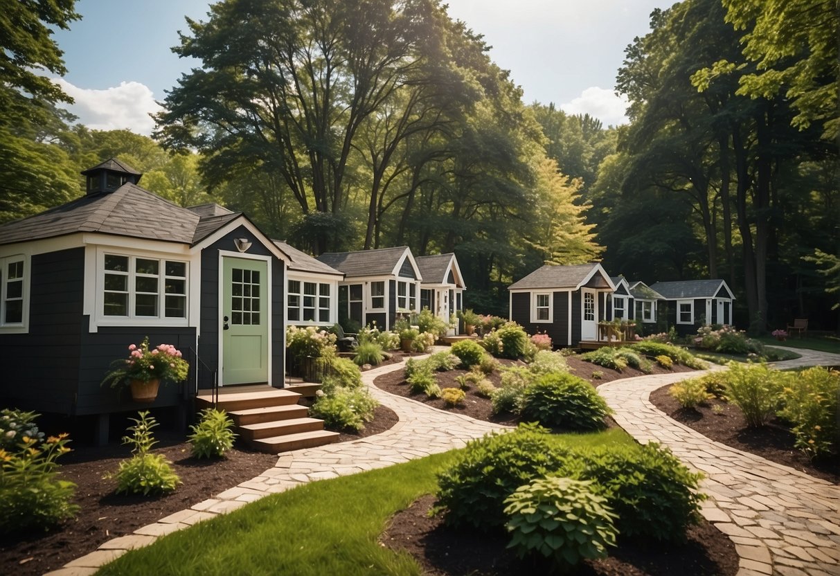 A cluster of tiny homes nestled among lush trees with a central communal area and winding pathways in a picturesque Connecticut community