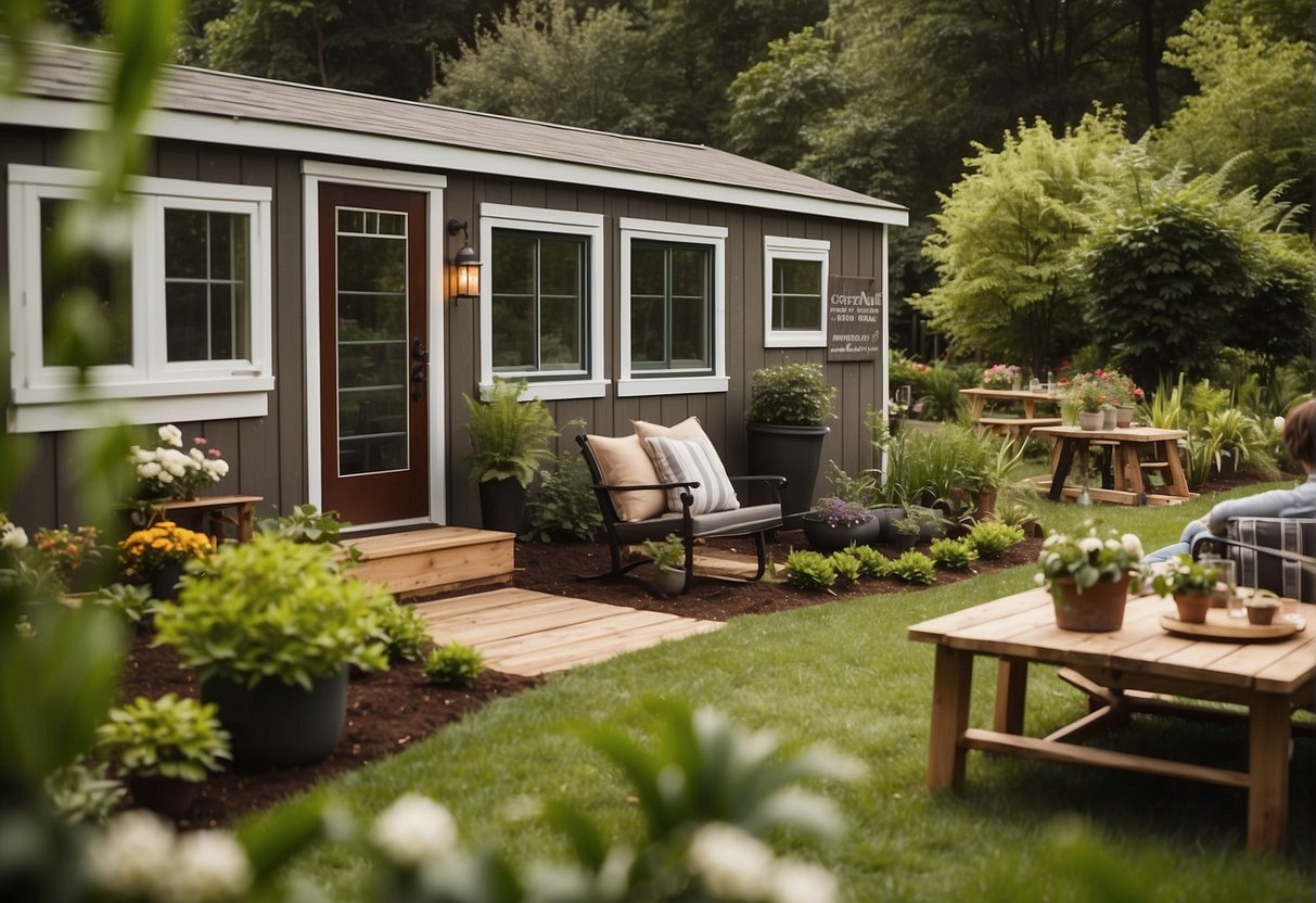 The tiny home community is nestled in a picturesque setting, surrounded by lush greenery and charming communal spaces. Residents are seen enjoying outdoor activities, tending to their gardens, and socializing in the shared common areas